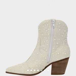 Betsy Johnson SB-Diva Rhinestone Ankle Cowboy Boot White Pearl Beaded Bridal 6.5
